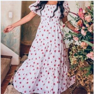JessaKae White & pink/Red strawberries & cream tiered maxi dress